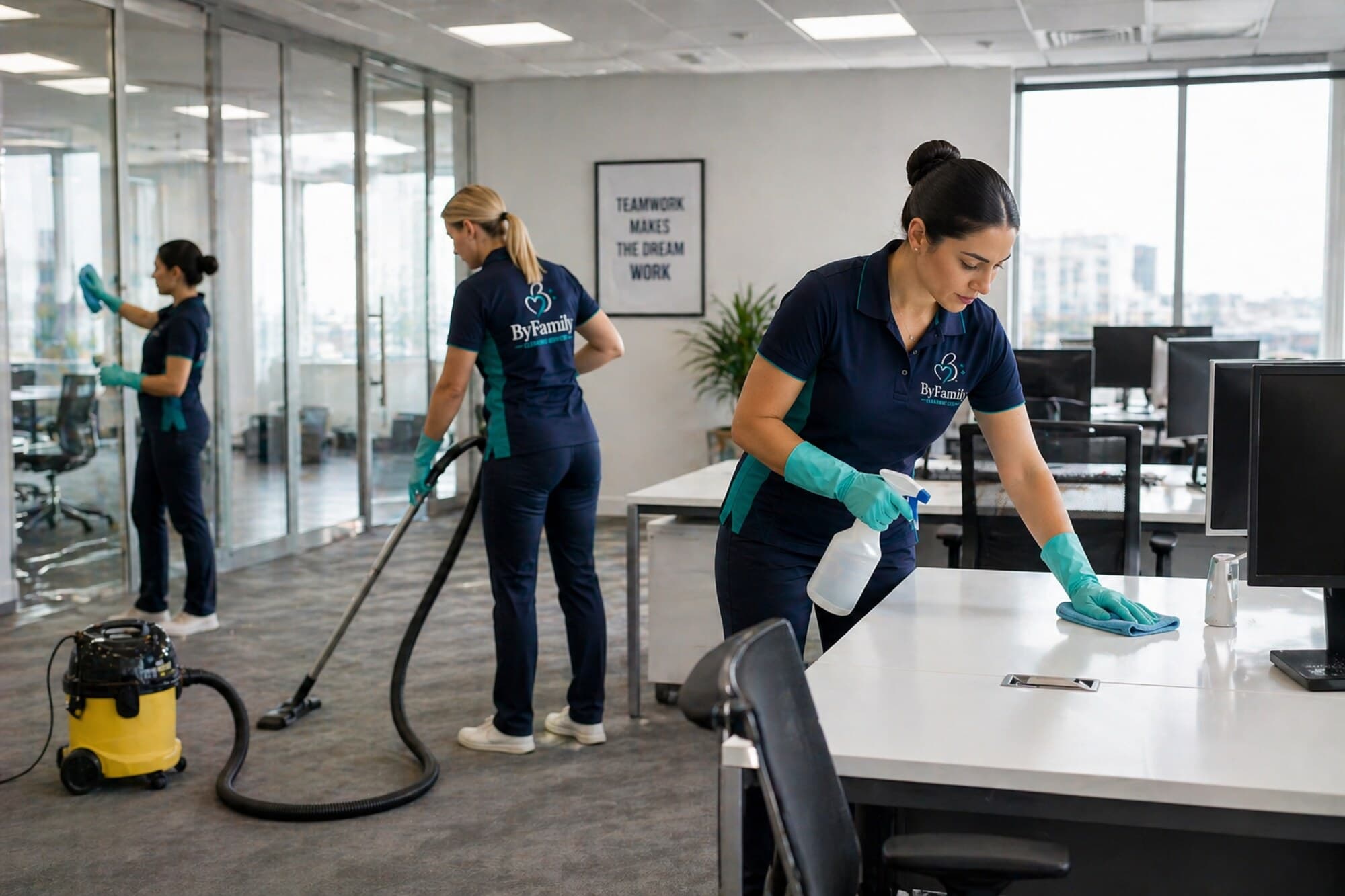ByFamily commercial cleaning team servicing a modern office space
