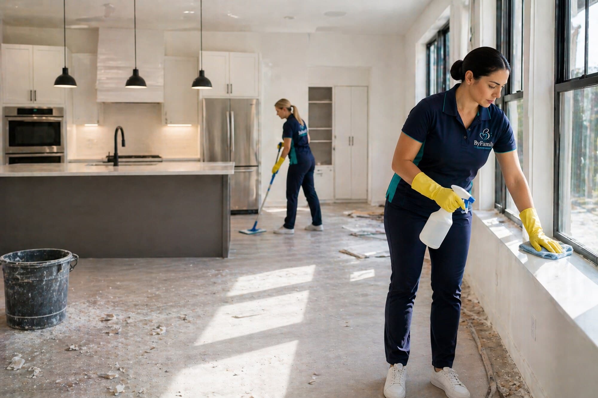 ByFamily team cleaning fine construction dust in a newly built home